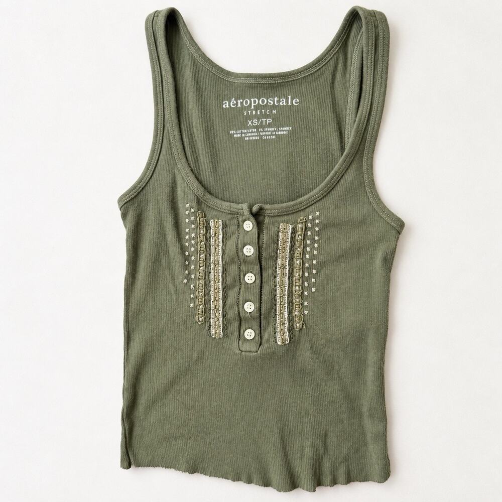 Aeropostale Women's Scoop-Neck Button Front Ribbed Knit Crop Tank Olive Green XS